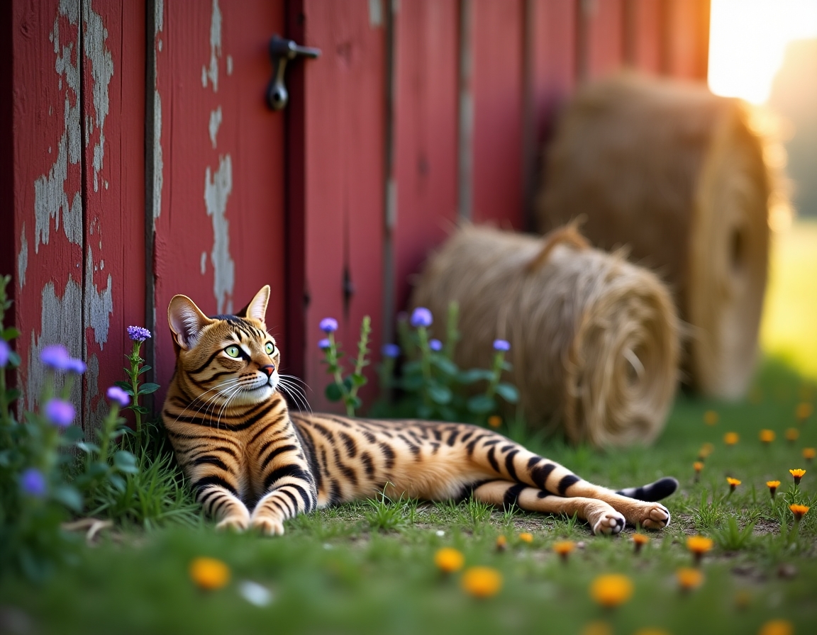 Cat rests peacefully near a barn, enjoying the tranquility of the countryside.